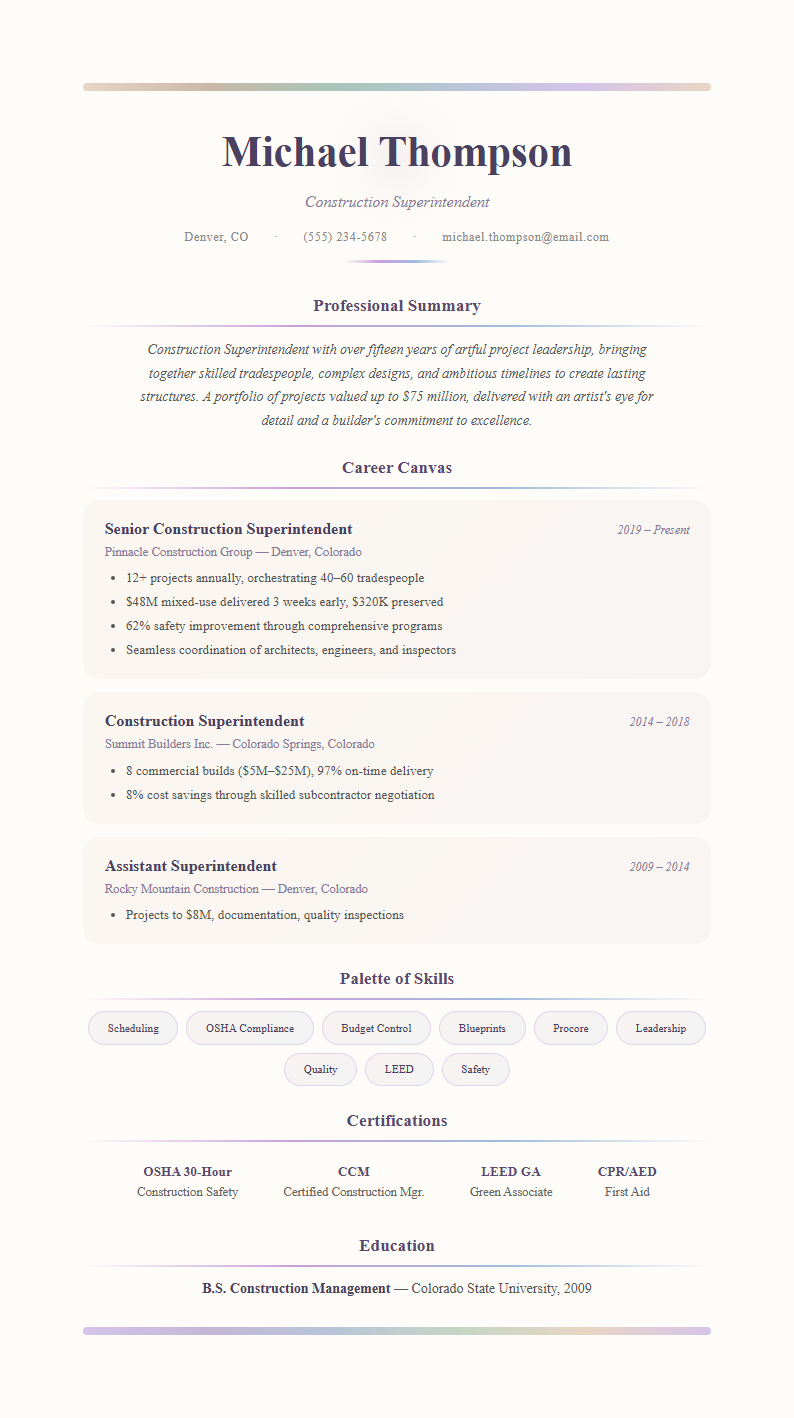 Watercolor artistic construction superintendent resume